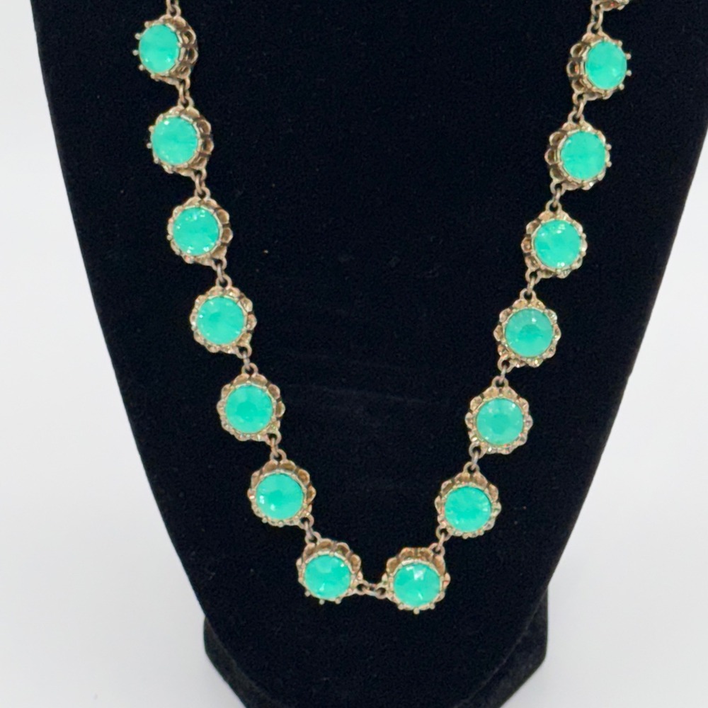 J. Crew Aqua Crystal Halo Riviere Style Statement Necklace Gold Tone 18in Preppy